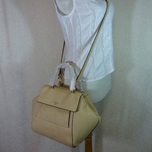 NEW Tory Burch Half-Moon Sand Dune Beige Leather Small Satchel/Crossbody Bag - Picture 13 of 13